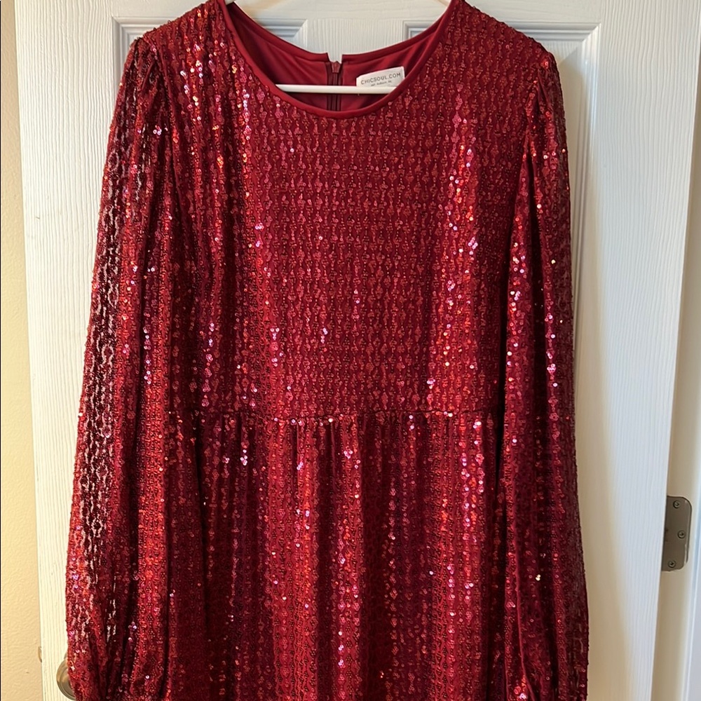 Chic Red Sequin Long Sleeve Dress